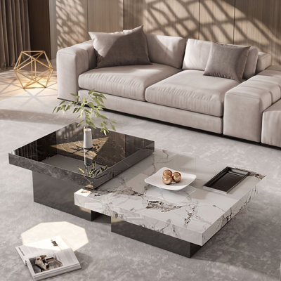 Ensemble de tables basses gigognes 59,1 po 2 pièces, plateau en faux marbre noir et blanc avec base en piédestal massif, tables de cocktail empilables minimalistes modernes, tables d'appoint asymétriques robustes pour le salon