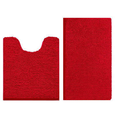 2 Piece Set Red Soft Cozy Plush Chenille Bath Mat Bathroom Rug