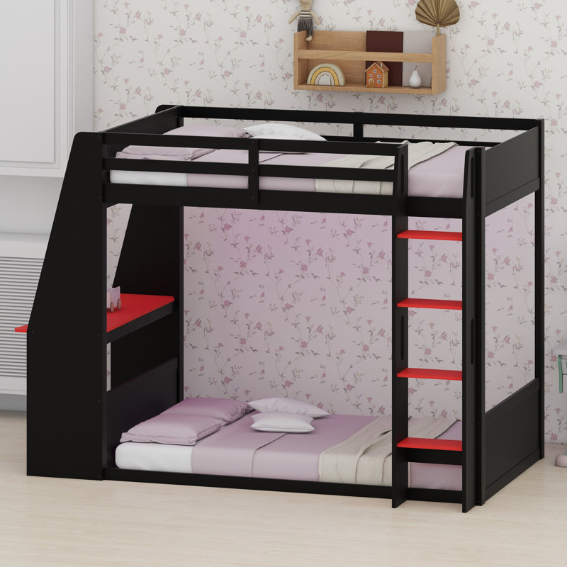 Lit superposé multifonctionnel avec poste de travail, rangement, prises USB et lumières DEL, Noir et rouge