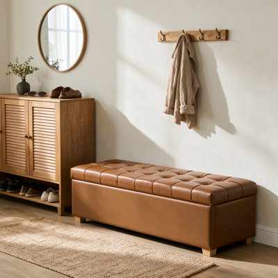 Banc de rangement rembourré 60,2 pouces en polyuréthane brun brûlé, banc repose-pieds capitonné avec pieds robustes, banc de bout polyvalent pour chambre à coucher, salon, entrée, salle à manger et dortoir