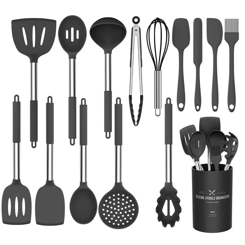 Ensemble de 15 ustensiles de cuisine en silicone, acier inoxydable, résistant à la chaleur antiadhésif, noir