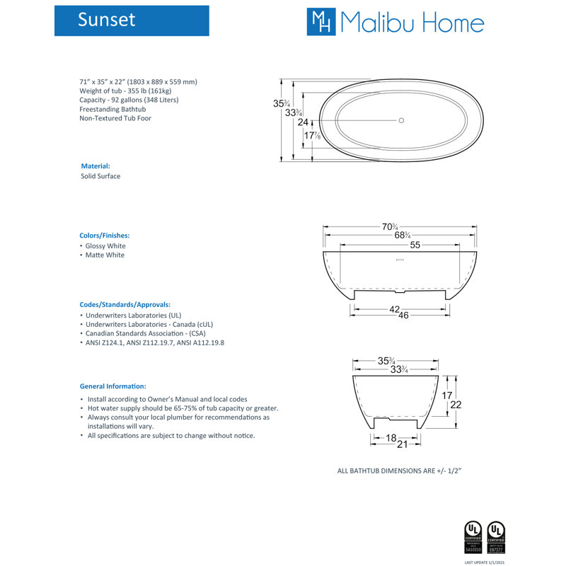 Sunset 71" x 35" Freestanding Soaking Solid Surface Bathtub, Glossy White