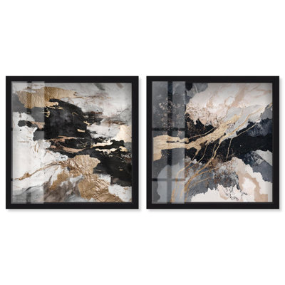 Ensemble de 2 décorations murales dorées dorées et luxueuses, Art Fredy, cadre noir, 25 x 25