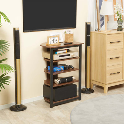 Meuble télé d'angle avec tablettes de rangement et structure en acier, parfait pour les petits salons et les espaces restreints