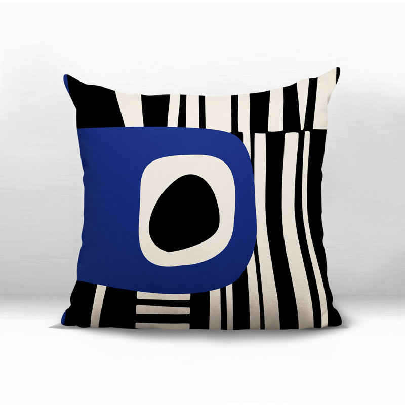 Oreiller carré réversible intérieur / extérieur Jina, Bleu marine / noir / blanc cassé abstrait, H 15 po x l 15 po