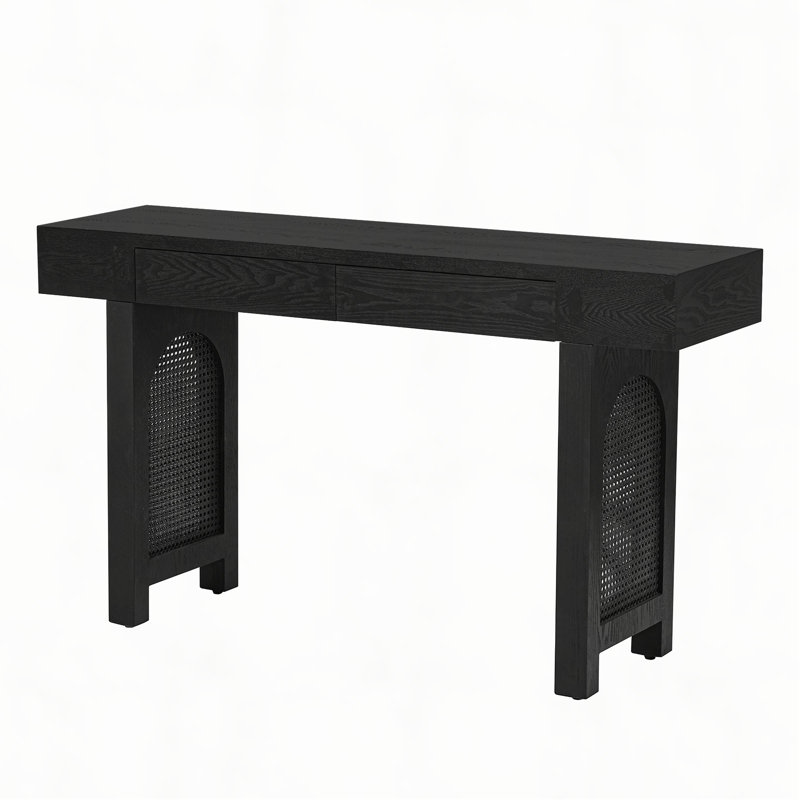 Narrow Console Table with Rattan Accent, Wood Finish Entryway Table with Storage Drawers, Stylish Rustic Sofa Table for Living Room and Hallway 