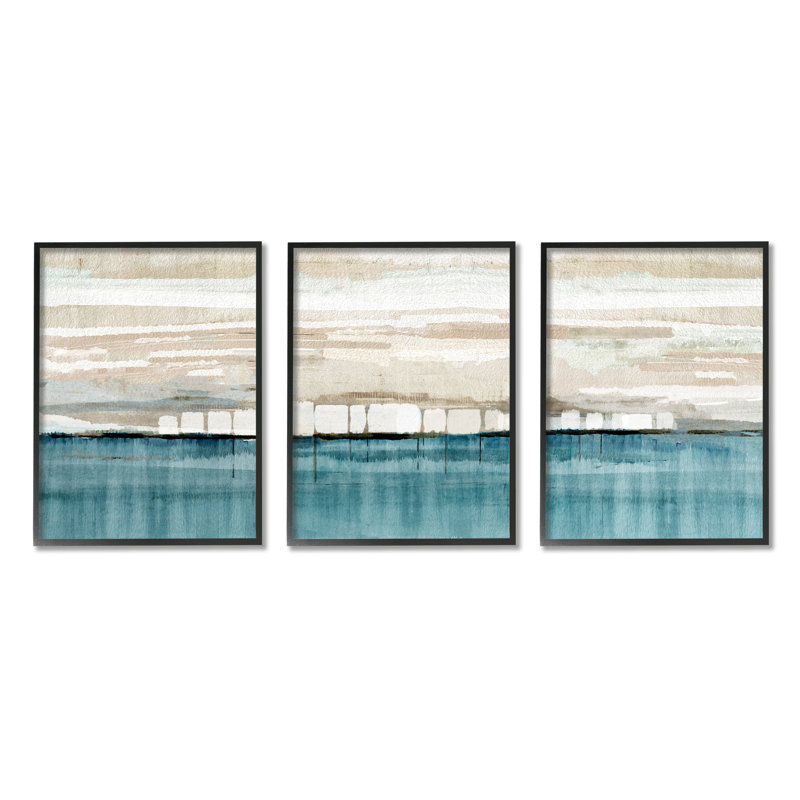 «Modern Modern Beige & Blue», impression sur bois 3 pièces, H 30 po x l 72 po x P 1,5 po, Giclée encadrée noir minuit