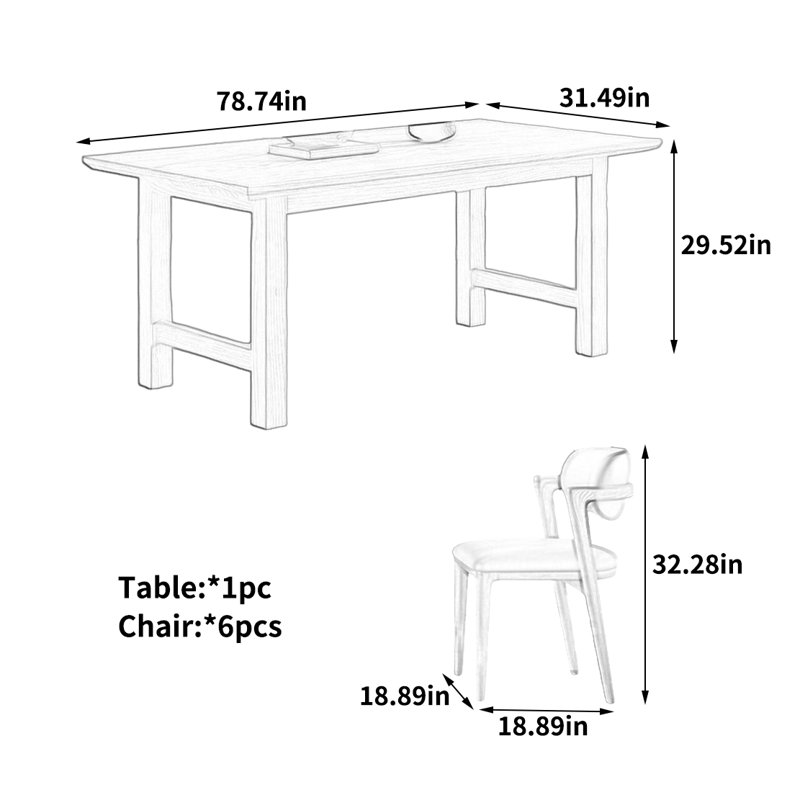 Table de salle à manger élégante et unique, 7 pièces : table, 6 chaises, H 29,52 po x l 78,74 po x P 31,49 po