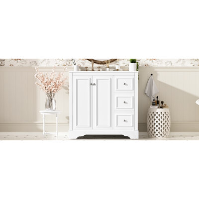 Meuble-lavabo 36 po avec charme transitionnel, lavabo et plusieurs compartiments de rangement 36 po, structure en bois massif, 3 tiroirs, lavabo en céramique