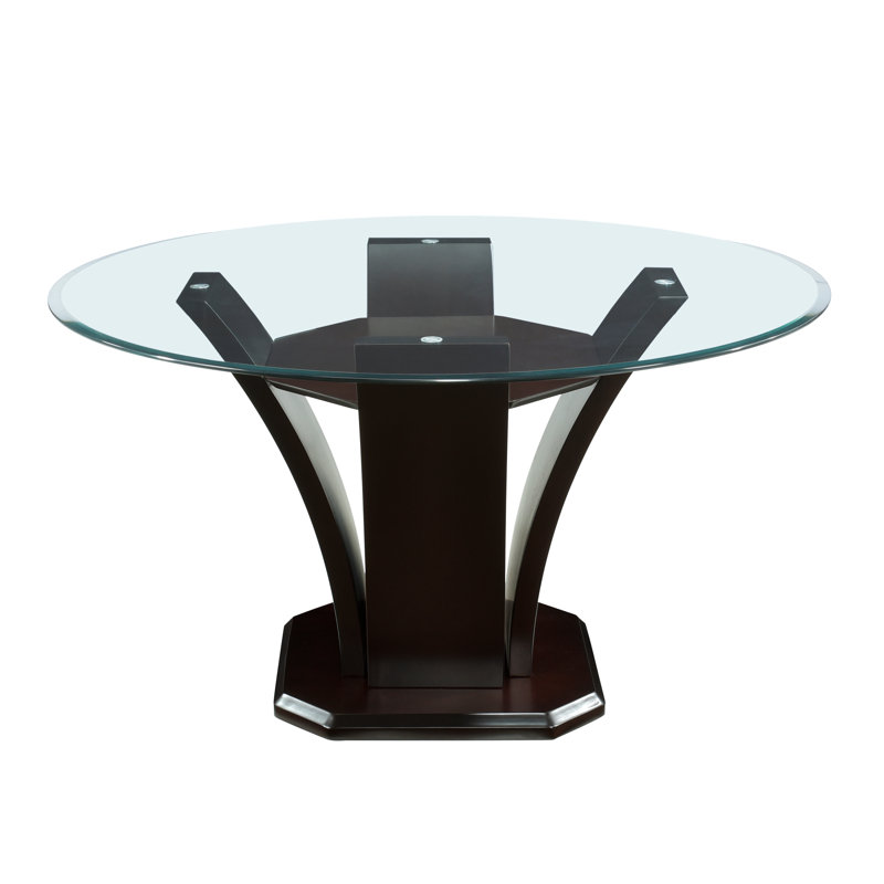 Crim Round Glass Top Solid Wood Base Dining Table