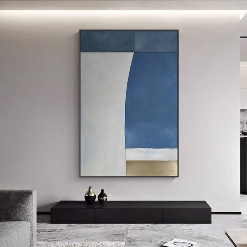 Peinture abstraite géométrique de salon, peinture murale bleue sur fond de canapé, H 47,24 po x l 31,5 po