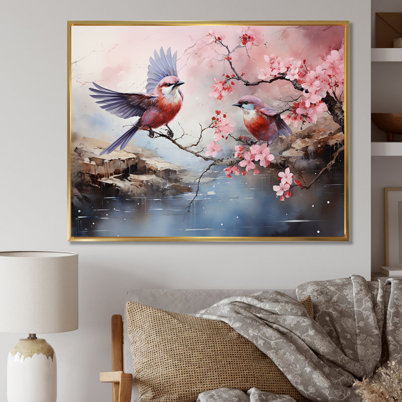Vol de cerisier japonais en fleur II - Art mural oiseau, Cadre flottant doré, H 34 po x l 44 po x P 1,5 po