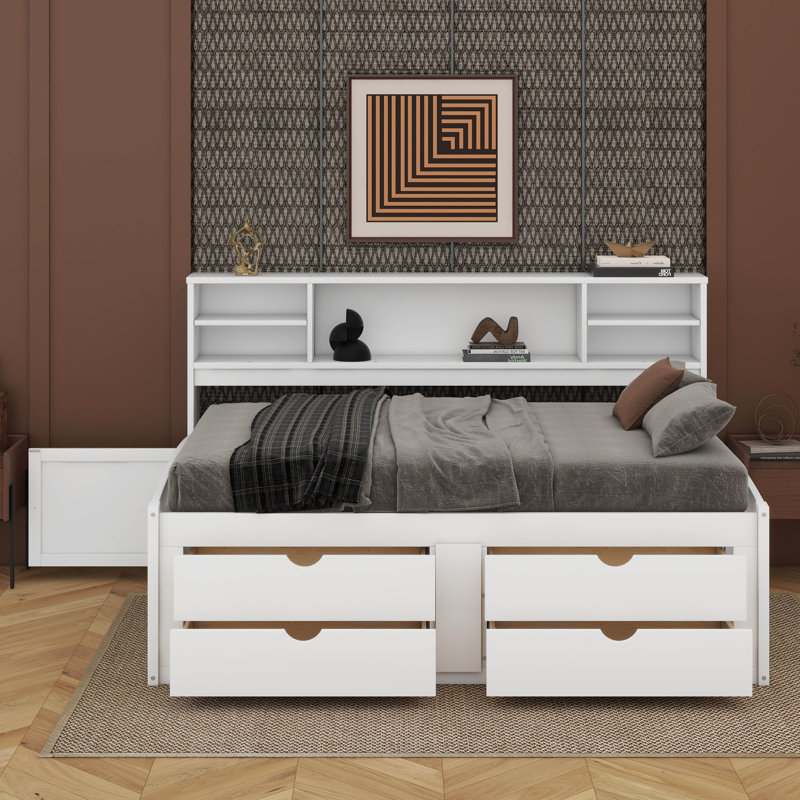 Full Wood Daybed With 2 Bedside Cabinets,Shelves And Drawers, White