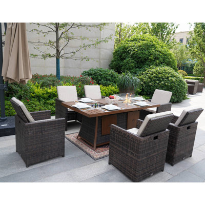 6 - Person Wicker Patio Dining Set with Rectangular Table , Cushions Included