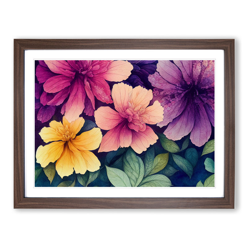 Watercolour Flowers - Single Picture Frame Print, 34cm H x 46cm W x 2cm D, Walnut Framed