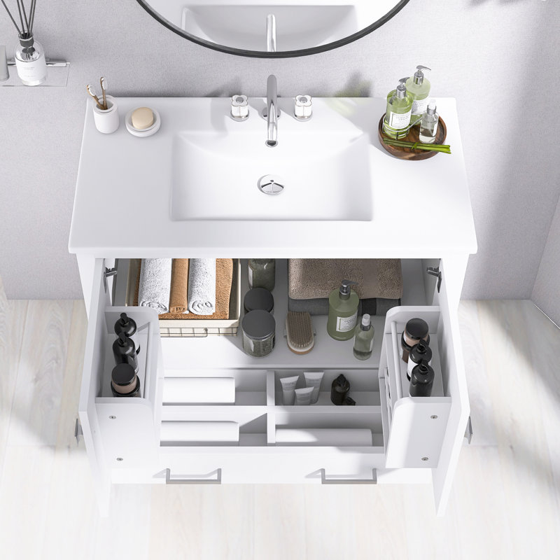 36 Inch. White Bathroom Vanity With Ceramic  Sink   | Double Storage Shelves & Divided Drawer | Soft-Close Doors | Bathroom Cabinet With Ample Storage  | Solid Wood Frame