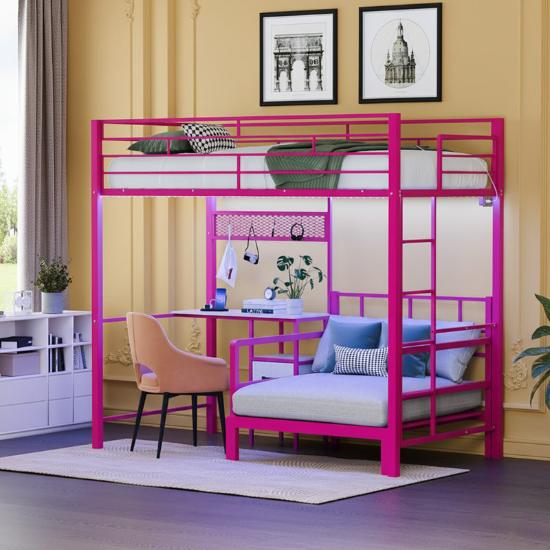 Lit superposé simple en métal avec bureau, tiroirs, bande DEL, station de charge USB, garde-corps et échelle, Rose