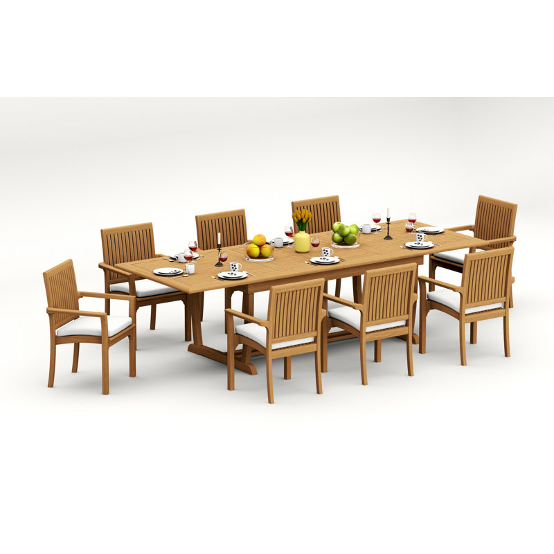 9 Pcs Grade-A Teak Wood Dining Set: 118" Double Extension Mas Rectangle Trestle Leg Table  Lua Stacking Arm Chairs #11LU2508