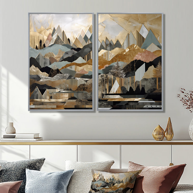 Horizons géométriques gris et dorés I - Toile moderne verte, 2 panneaux, 36'' H x 48'' W, Impression encadrée flottante