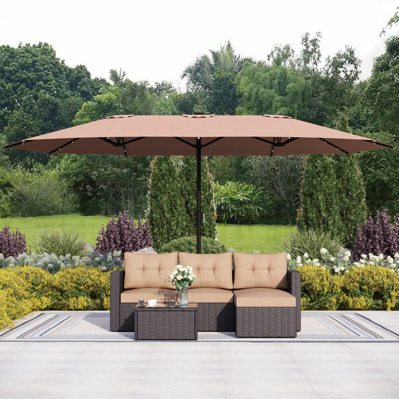 big lots patio umbrella with lights AECOJOY 15ft Double-Sided Solar Lights, Outdoor Rectangle Market Large Patio Umbrella with Base Include, Crank Handle, 156 PCS LED for Garden Deck Pool in Red (1.9" Sided Patio Umbrella Double-Sided Patio Umbrella with Solar
