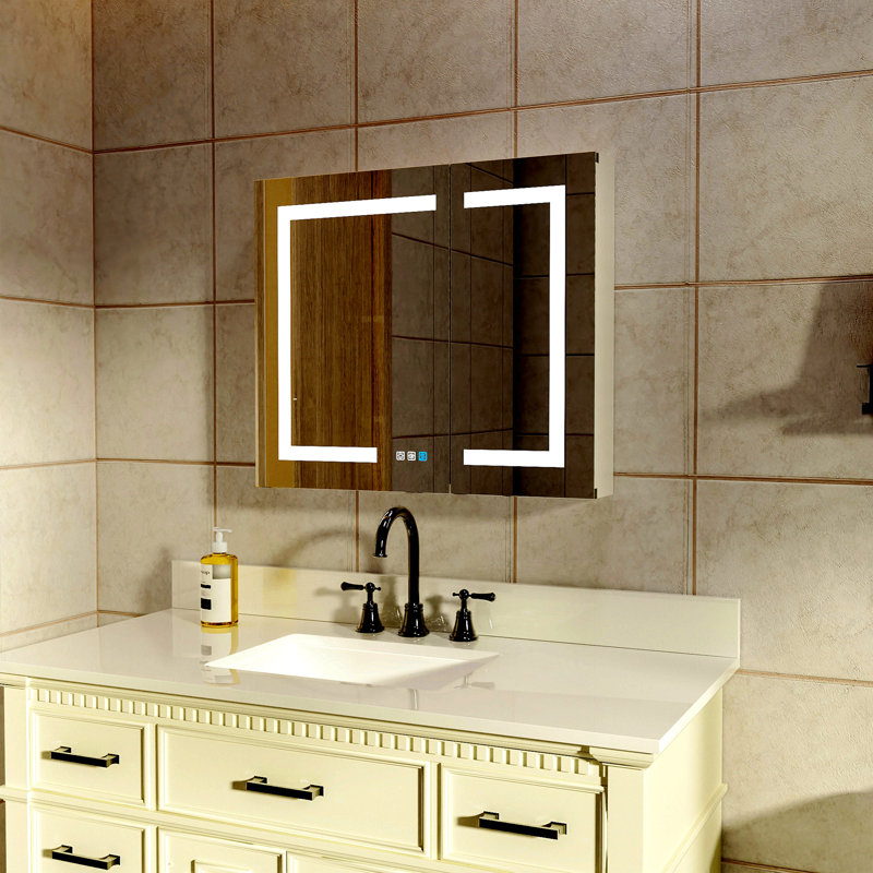 Pharmacie de salle de bain éclairée à DEL avec miroir, 30 po x 26 po, armoire à pharmacie encastrée ou à surface, désembuage, gradation continue, changement de température de couleur, 2 prises, tablettes de rangement