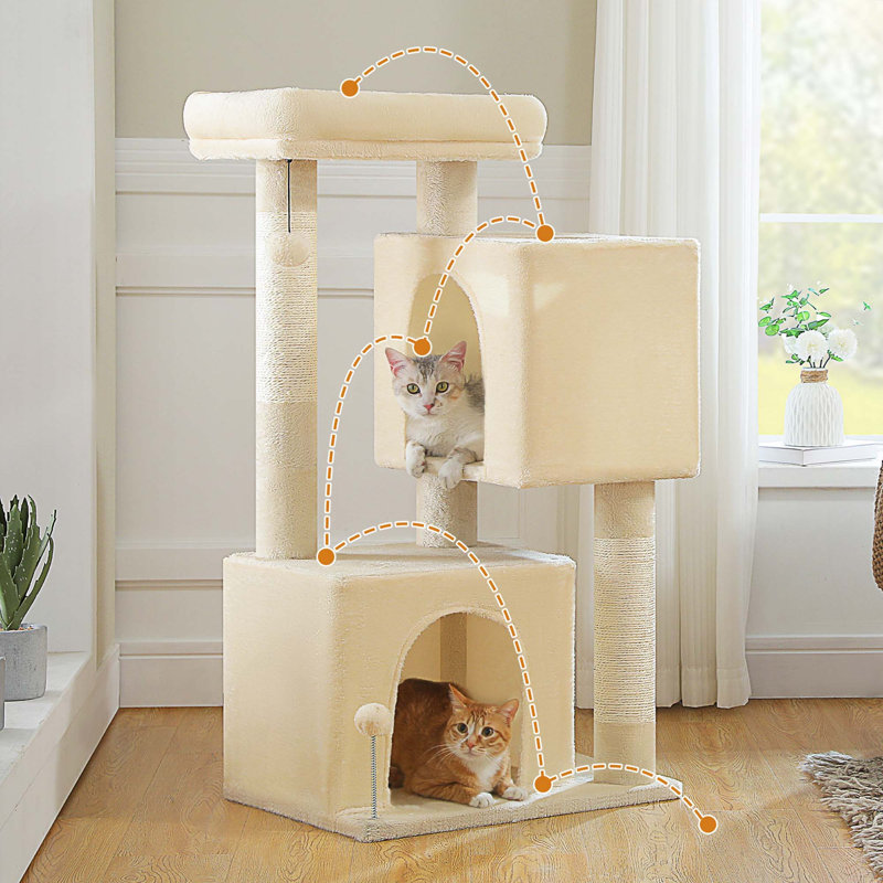 Arbre à chat pour grands chats avec condos spacieux, grattoir épaissi, grand perchoir et jouets interactifs, Beige