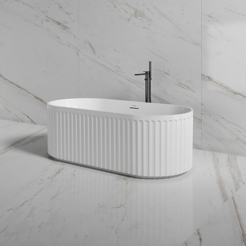 MonBlari 59" X 29.5"  Fluted Freestanding White Soaking Acrylic Bathtub with Overflow and Pop-up Drain For Bathroom
