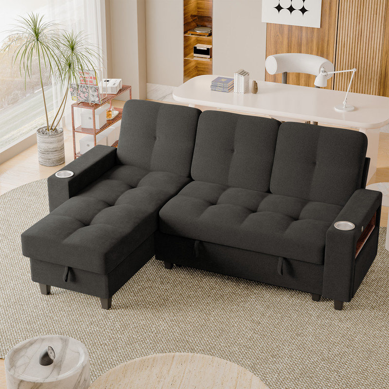 Canapé-lit modulaire en chenille avec méridienne réversible, bras de rangement et ports de recharge, gris foncé, Dark Grey