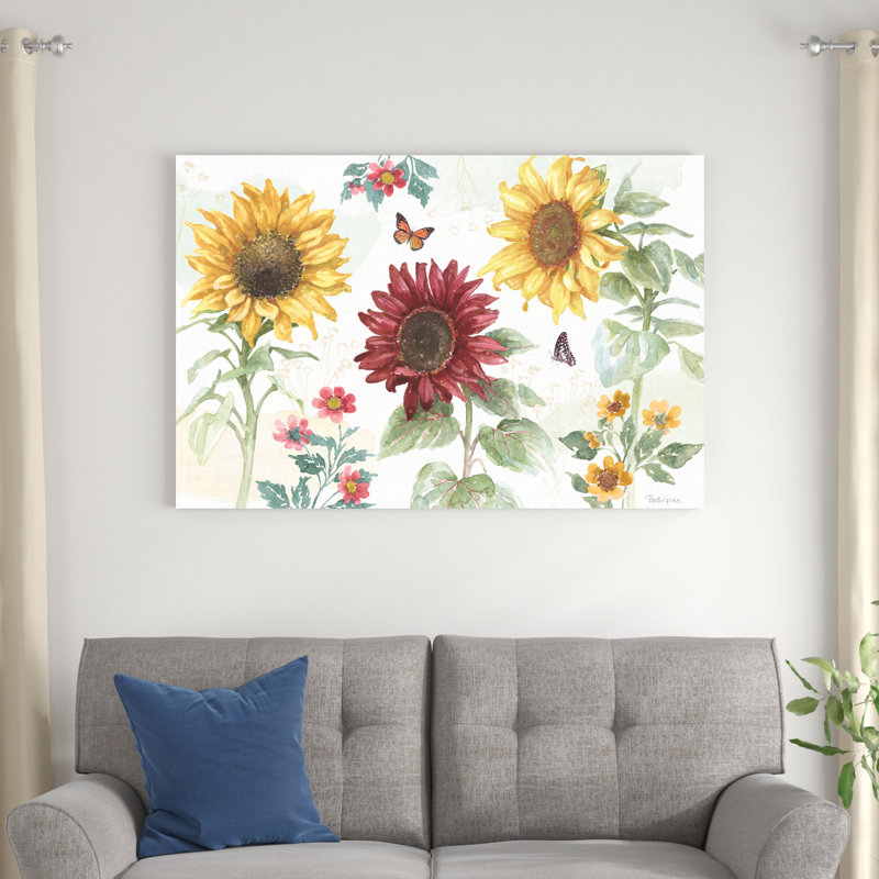 «Sunflower Splendor IV» par - peinture sur toile tendue, H 32 po x l 48 po x P 1,25 po