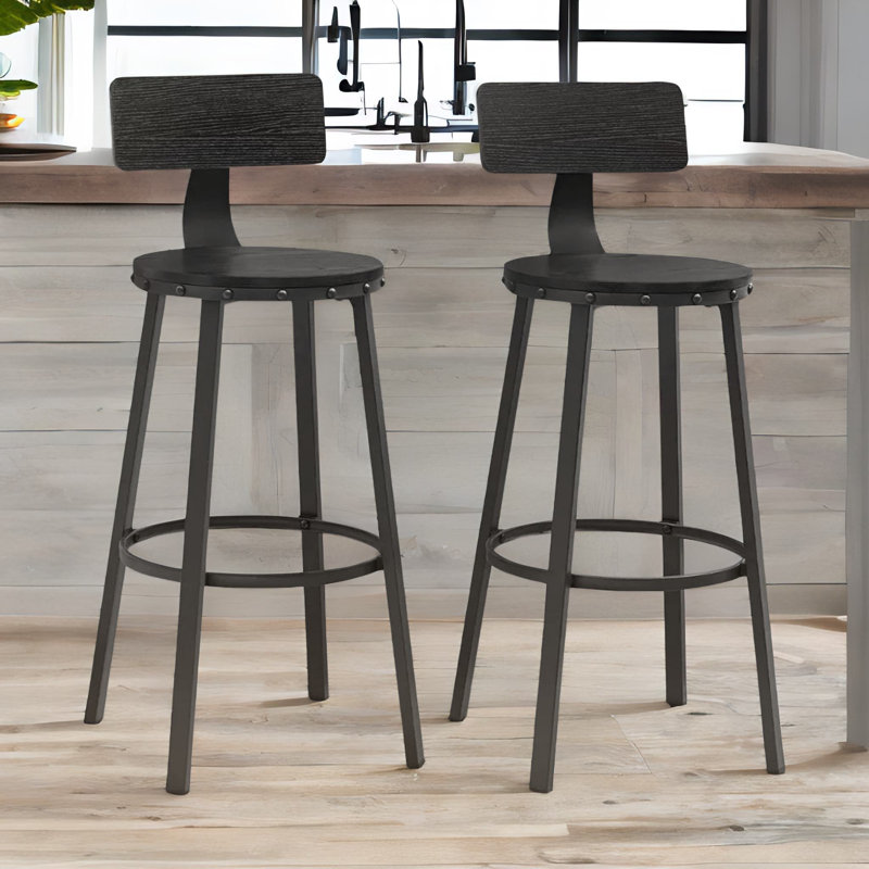 Set of 2 Bar Stools With Metal Legs And Backrest