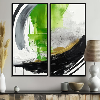 «Green and Black Geometric Enchantment I», art mural encadré en marbre abstrait