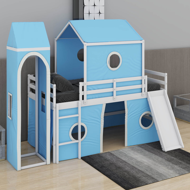 Lit mezzanine simple avec glissade et tour, Bleu
