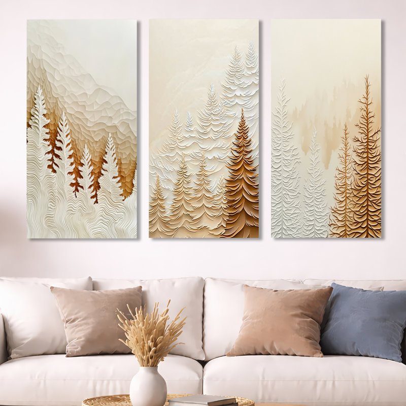 Mist Over the Pines Autumn Forest - White Landscape, art mural 3 pièces, H 40 po x l 60 po, Toile tendue