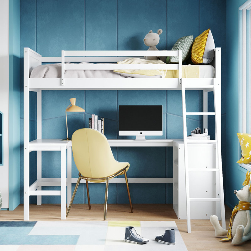 River Loft Bed With Desk And Stoarge Shelves, White