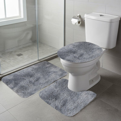  Ensembles de tapis de salle de bain 3 pièces avec housse de siège de toilette, ensemble de tapis de bain à poils longs en microfibre, tapis de bain lavables antidérapants pour salle de bain, baignoire, douche, gris