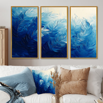 Palmiers en velours bleu harmonie III - art mural grand plumes - 3 panneaux