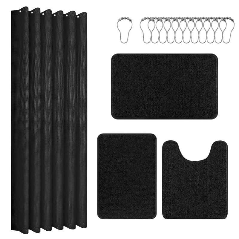 Ensemble de rideau de douche avec tapis, Noir