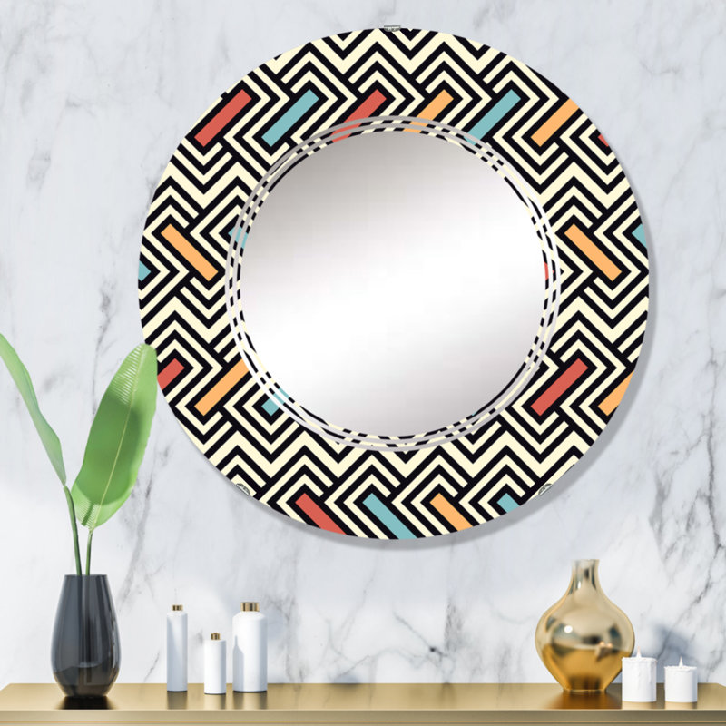 Zigzag noir et blanc avec miroir mural rond rouge, bleu et orange, 32 po x 32 po