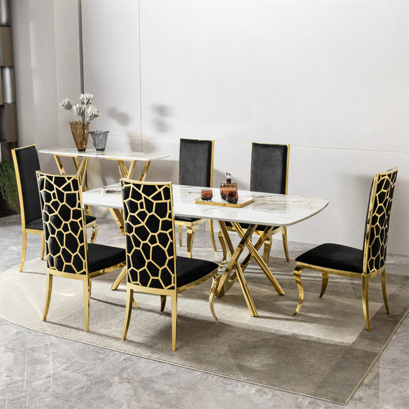 Set Of 6, MDF Marble Pattern Dining Table Mirror Gold Stainless Steel Base, Rectangular Table With 6 Chairs