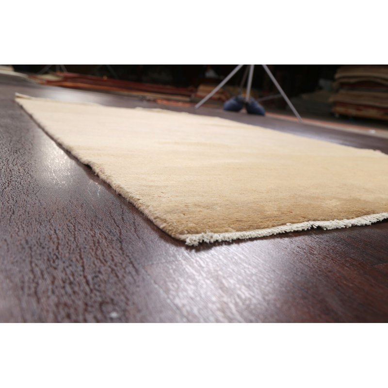 Tapis beige en laine noué à la main de conception unique 4 pi 2 po x 5 pi 11 po New Age
