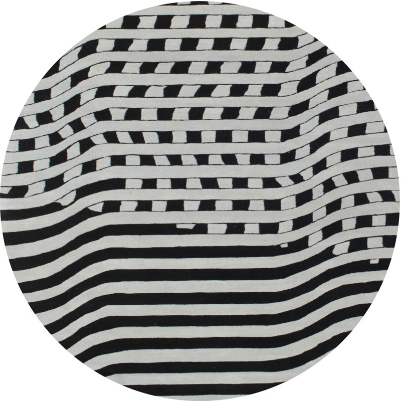 Tapis noir/blanc contemporain, Rond 8 pi