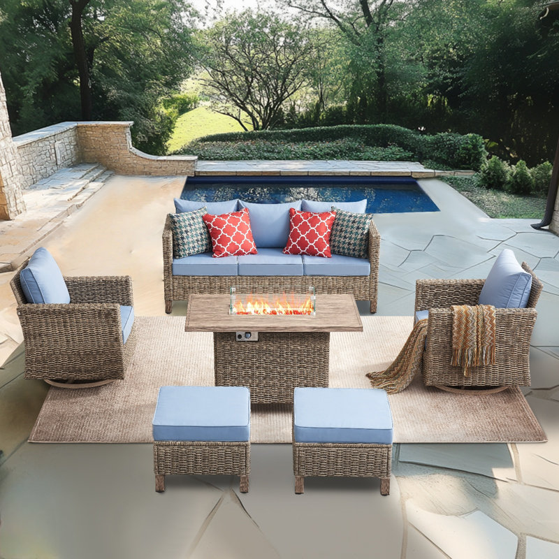 6 Piece Patio Conversation Sets With Fire Pit, Blue