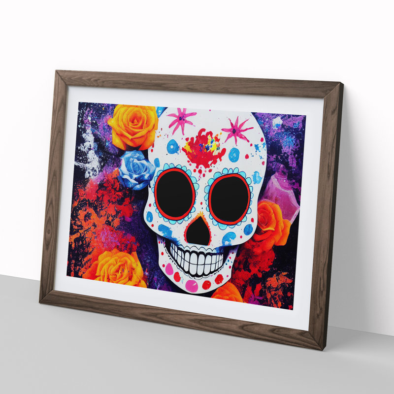 XH1022-4027X Flowing Floral Sugar Skull - Single Picture Frame Print, 46cm H x 64cm W x 2cm D, Walnut Framed