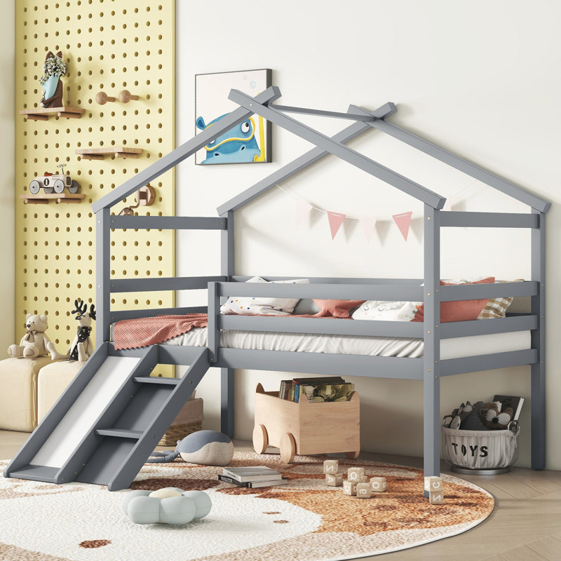 Twin Low Loft House Bed with Slide, Ladder, Safety Guardrails, House Roof Frame,Grey, Gray