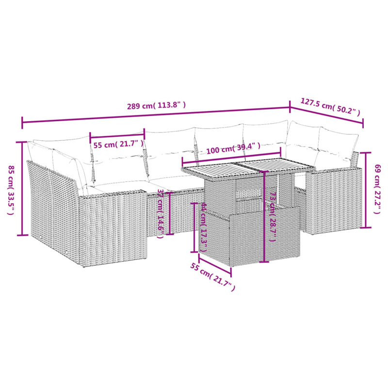  Ensemble de canapé de patio 8 pièces avec coussins en rotin de polyester gris, Gris, Marine