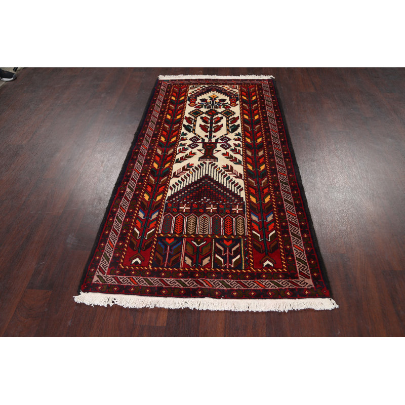 Tapis décoratif en laine noué à la main de conception unique 3 pi 3 po x 6 pi 1 po Deitke Ivoire/rouge/vert