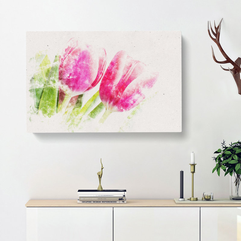 Pair Of Pink Tulip Flowers Watercolour - Wrapped Canvas Print, 60cm H x 91cm W x 3cm D