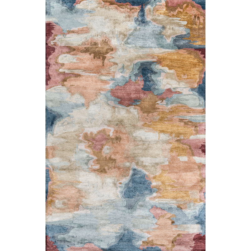 Tapis blanc / bleu / brun touffeté à la main à motif abstrait Vallone, Rectangle 2 pi x 3 pi