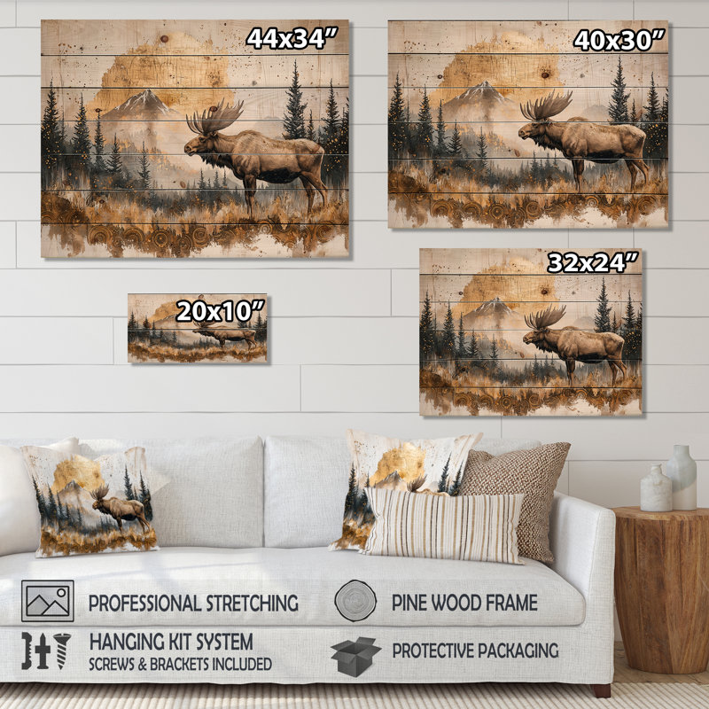 Orignal doré dans le paysage hivernal I - Décoration murale en bois d'orignal - sur bois de pin naturel