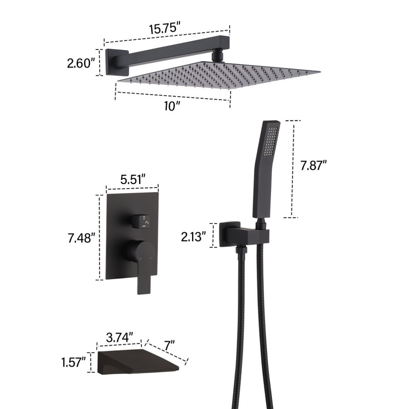 Ensemble de robinet de douche noir Système de douche à pluie avec pomme de douche à pluie et ensemble de poignées Appareils de douche modernes Pomme de douche 10 pouces avec valve de douche combinée incluse Noir mat